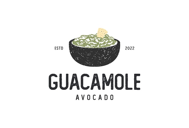 Vector vintage guacamole-logo-ontwerp mexicaans restaurant met avocado-kom en nacho's-pictogramontwerp