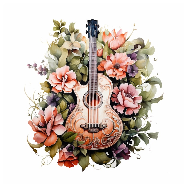 Vintage guitar surrounded with flowers watercolor paint