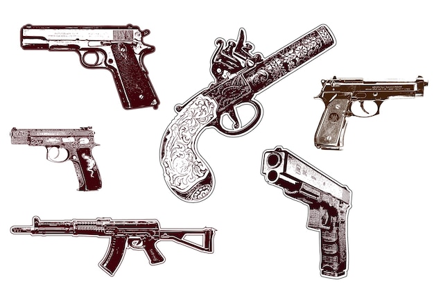 Vintage guns illustration set vector