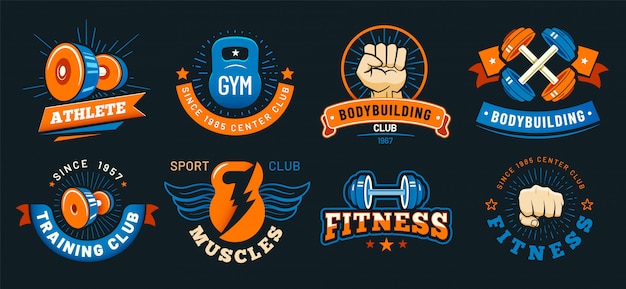 Emblema della palestra vintage. etichette di muscoli, fitness e bodybuilding dell'atleta. insieme di vettore di segni di sport