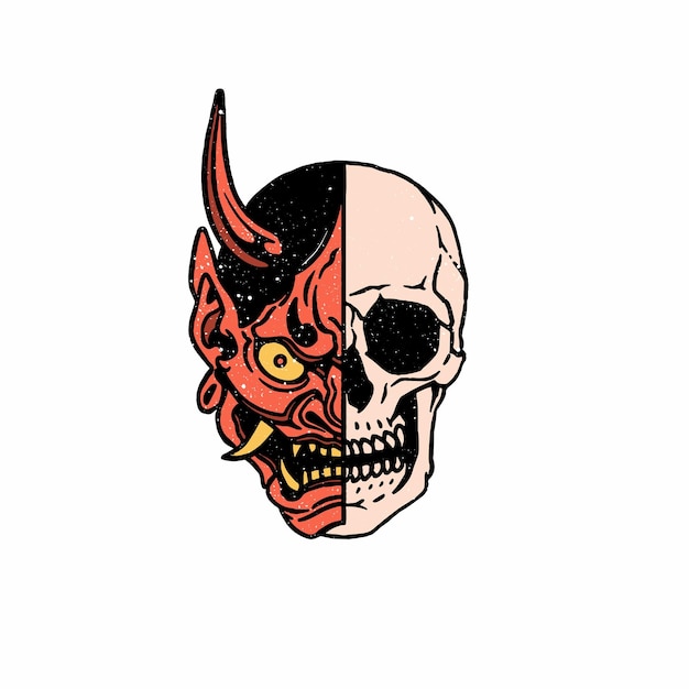Vector vintage half japanese demon face with skull isolated vector illustration clipart