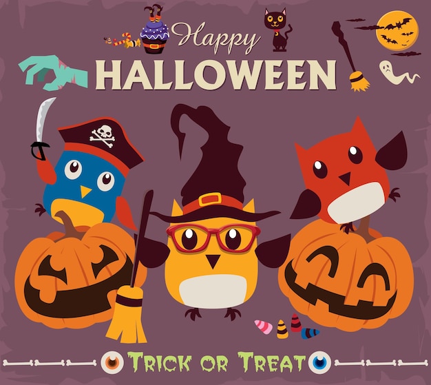 Vintage Halloween character poster design set with owl