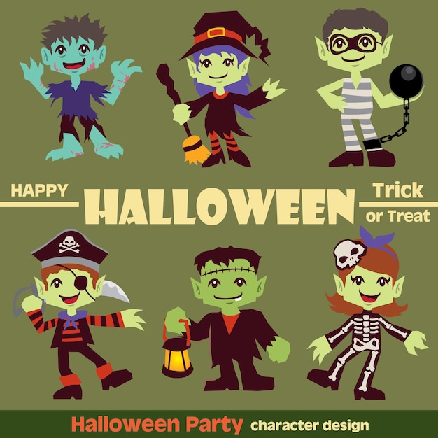 Vintage Halloween character poster design set with zombie, witch, prisoner, pirate, skeleton girl