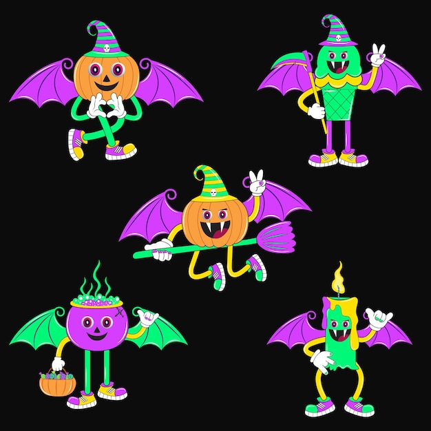 Vintage Halloween character set in cartoon comic style and halloween set of patches for design.