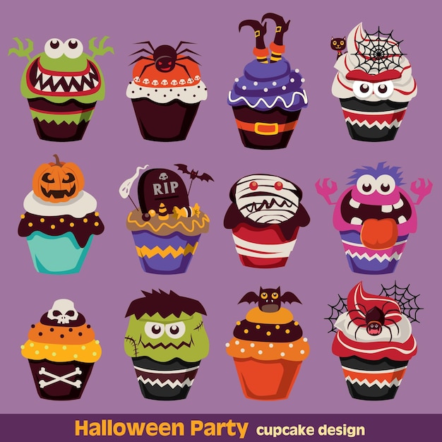 Vintage Halloween cupcake poster design set