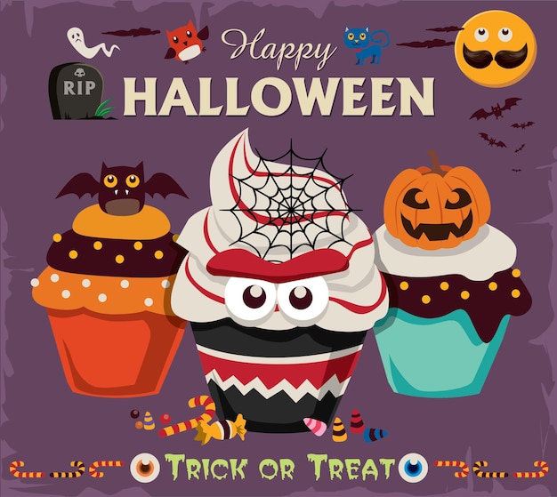 Vector vintage halloween cupcake poster design