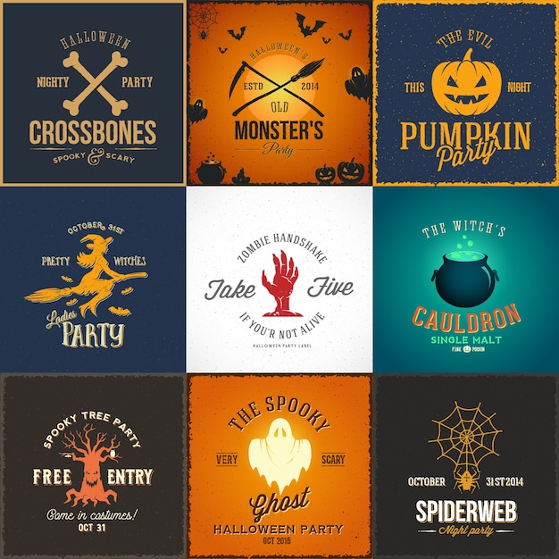 Винтажные карты партии Хэллоуина, этикетки или набор логотипов.