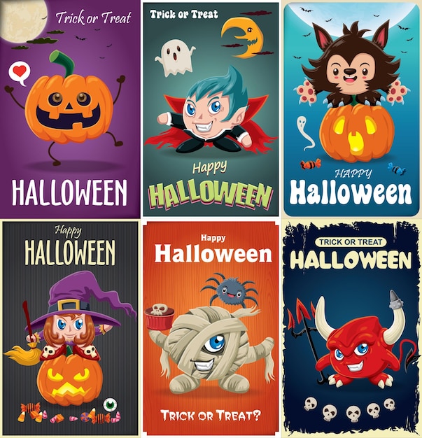Vintage Halloween poster design set met vector vampier, heks, mummie, wolf man, spook, jack o lante
