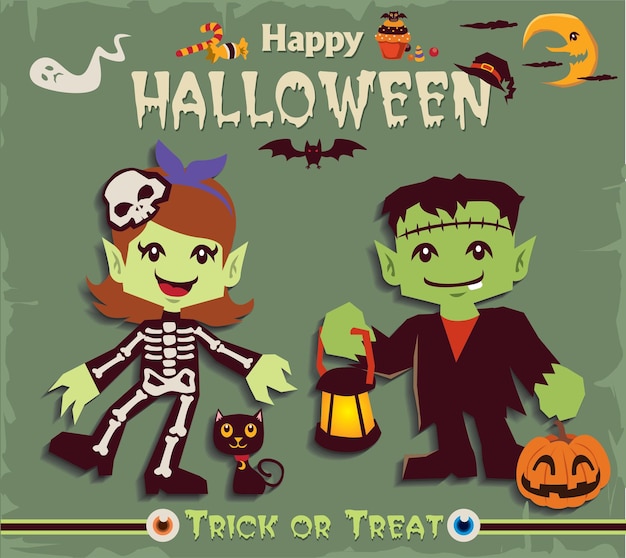 Vector vintage halloween poster design set with skeleton girl character
