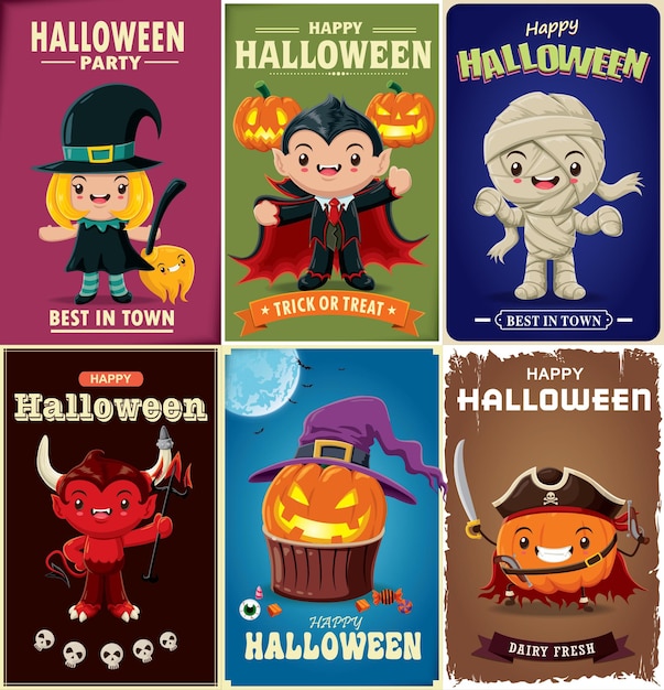 Vintage Halloween poster design set with vector vampire, witch, mummy, demon, pirate, ghost, pirate,