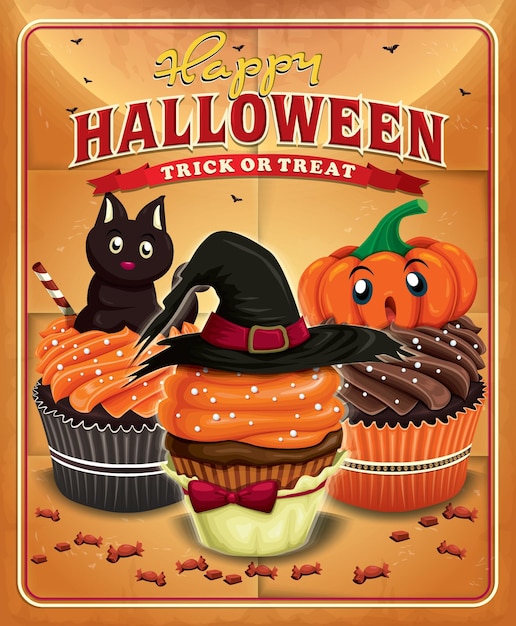 Vettore poster vintage di halloween con cupcakes