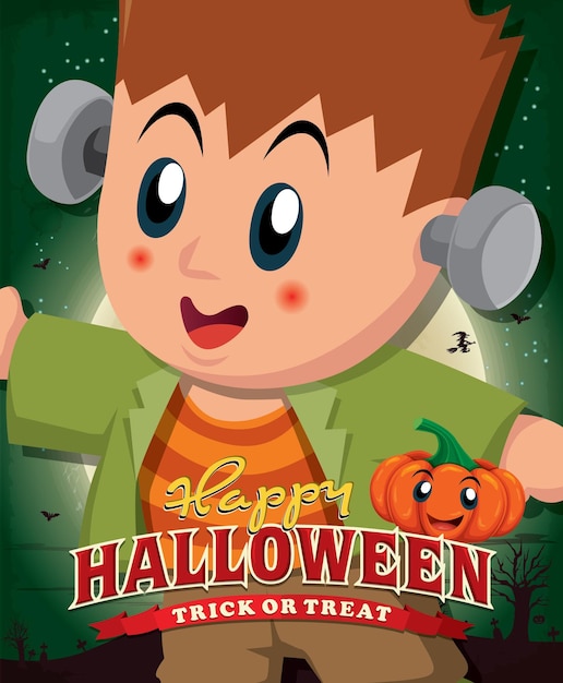 Vettore poster vintage di halloween con bambino in costume