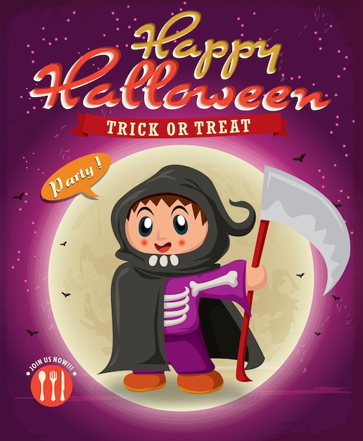 Vintage Halloween poster design with kid in reaper costume