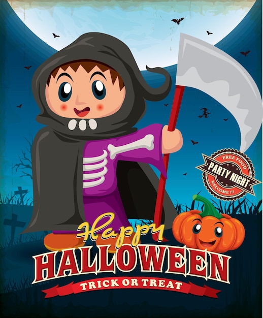 Poster vintage di halloween con bambino in costume da mietitore