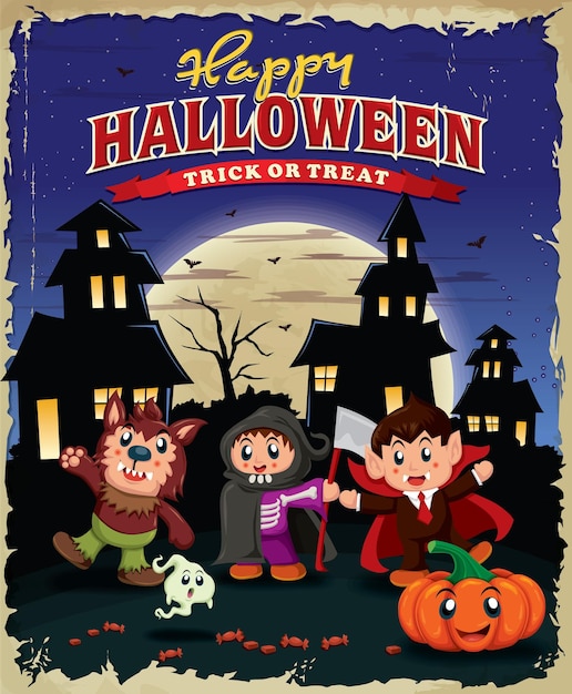 Винтажный дизайн плаката на хэллоуин с детьми в костюмах