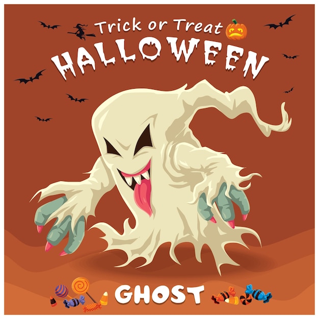 Poster vintage di halloween con personaggio fantasma vettoriale.