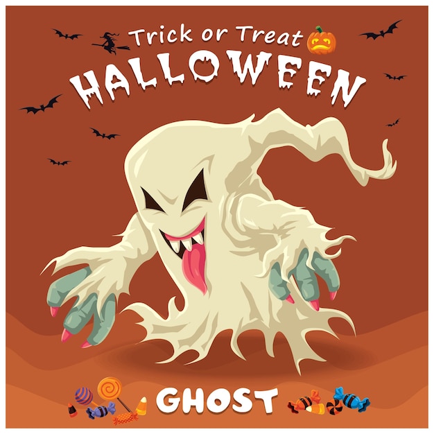 Vintage halloween poster design with vector ghost character.