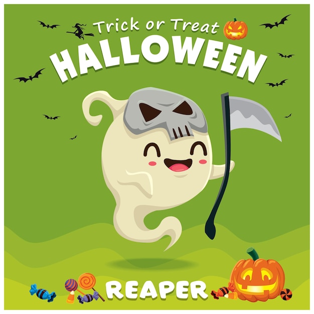 Vintage Halloween poster design with vector ghost reaper character.