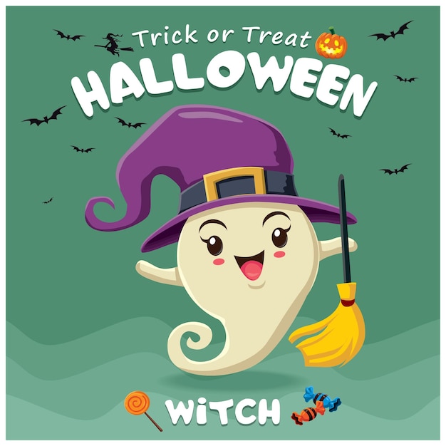 Vintage Halloween poster design with vector ghost witch character.