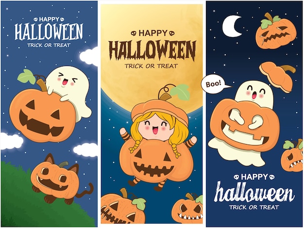 Vintage Halloween poster design with vector girl in jack o lantern character.