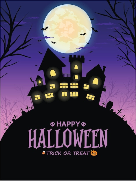 Vintage Halloween poster design with vector house jack o lantern character