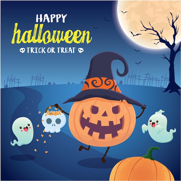 Винтажный дизайн плаката на хэллоуин с векторным персонажем-призраком джек о фонарь