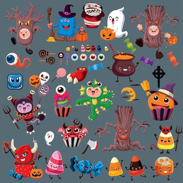 Vector vintage halloween poster design with vector monster, jack o lantern character set.