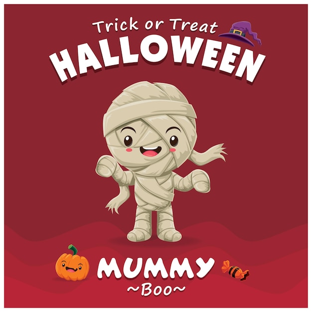 Винтажный дизайн плаката на Хэллоуин с векторным характером мумии.