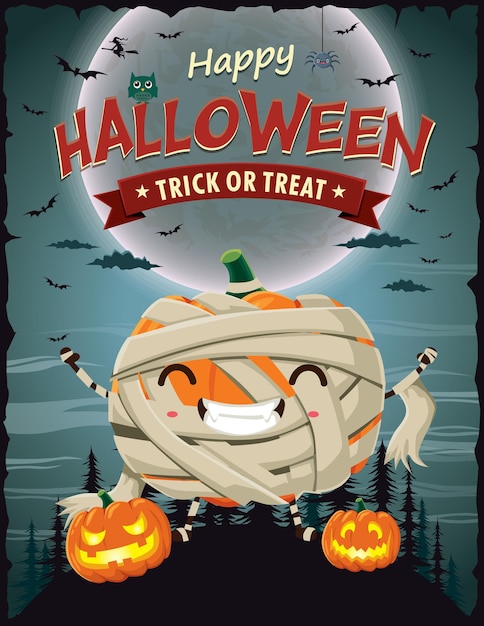 Vintage Halloween poster design with vector mummy character.
