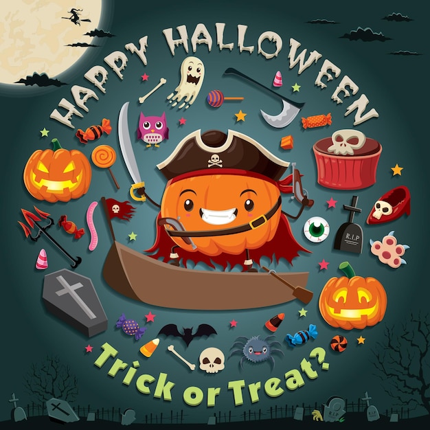 Vintage halloween poster design with vector pirate character.