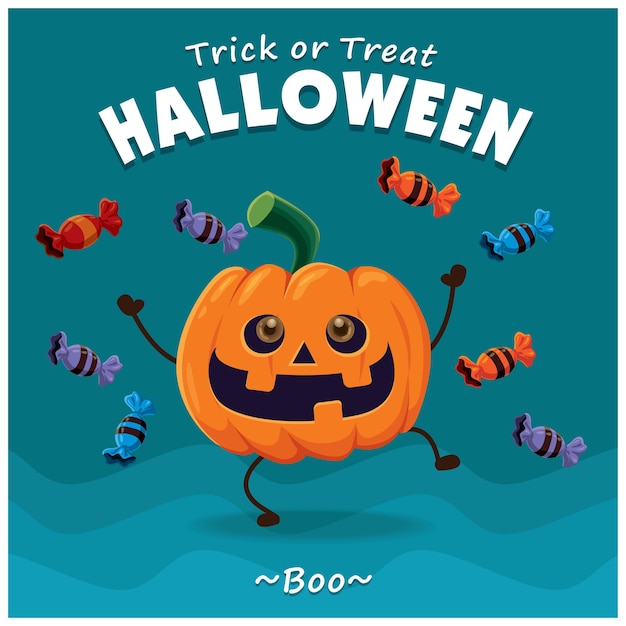 Vintage Halloween poster design with vector pumpkin character.