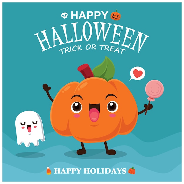 Vintage Halloween poster design with vector pumpkin amp ghost character