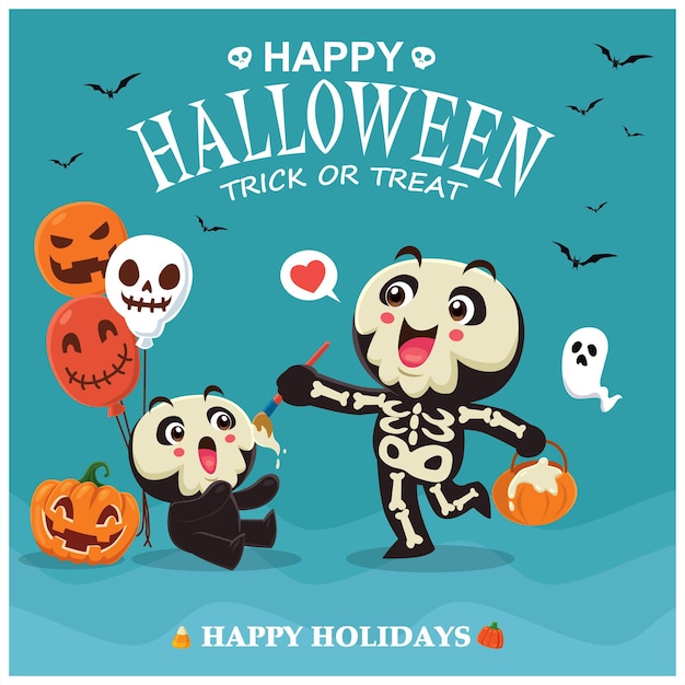 Vintage halloween poster design with vector skeleton ghost pumpkin character