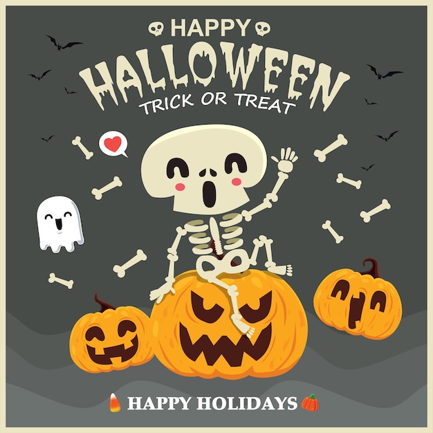 Вектор Винтажный дизайн плаката хэллоуина с векторным скелетом призрачного тыквенного персонажа