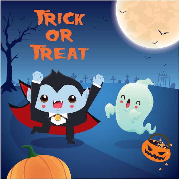 Винтажный дизайн плаката хэллоуина с векторным призраком вампира