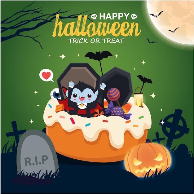 Vintage halloween poster design with vector vampire ghost character