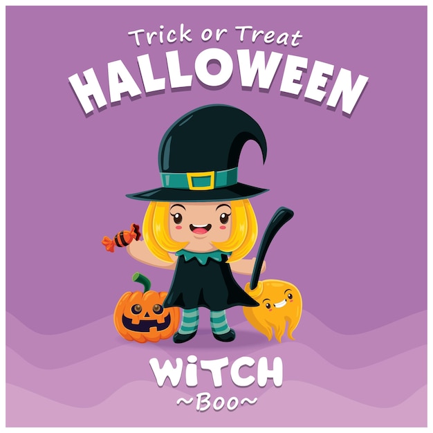 vintage halloween poster design with vector witch character.