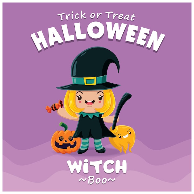 Vintage Halloween poster design with vector witch character.