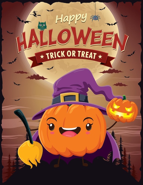 Vintage Halloween poster design with vector witch character.