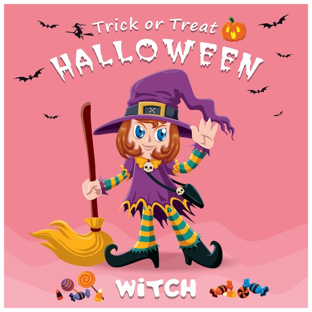 Vintage Halloween poster design with vector witch character.