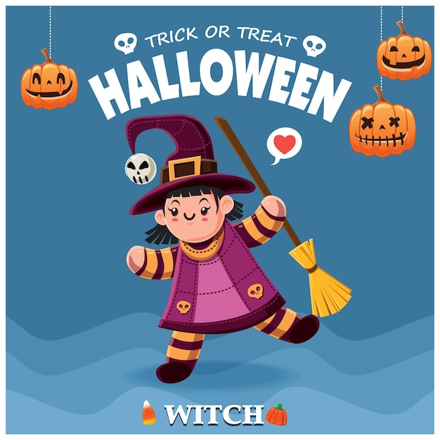 vintage halloween poster design with vector witch character