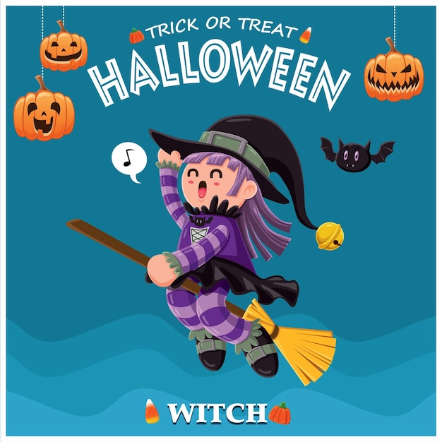 vintage halloween poster design with vector witch character