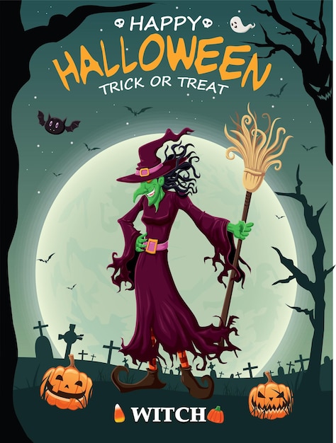 Vintage Halloween poster design with vector witch character