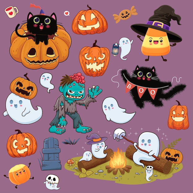ヴィンテージハロウィーンポスターデザイン - ベクトルウィッチ - ゴーストキャット - ゾンビキャラクター