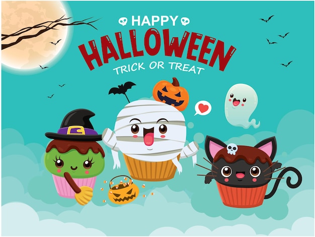 Poster vintage di halloween con personaggio di cupcake di vettore strega mummia fantasma gatto