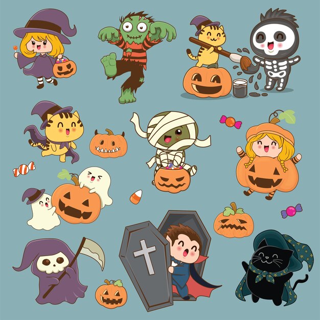 Vintage Halloween poster design with vector witch, vampire, skeleton, zombie, mummy, jack o lantern,