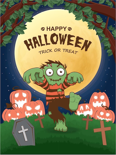 Vintage halloween poster design with vector zombie, jack o lantern character.