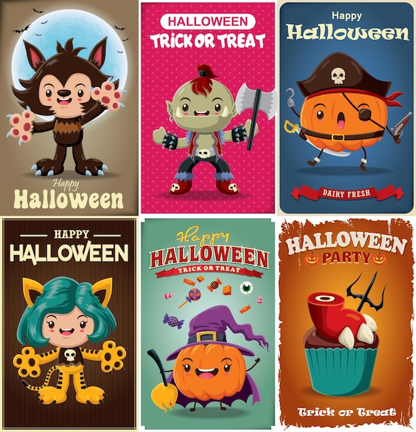 Vintage Halloween poster ontwerpset met vector wolf man, orc, tijger, kat, demon, piraat, spook, pir