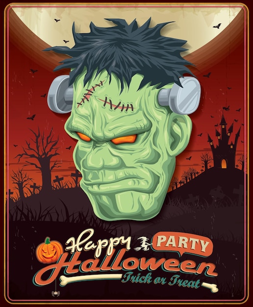 Vector vintage halloween poster set design with frankenstein