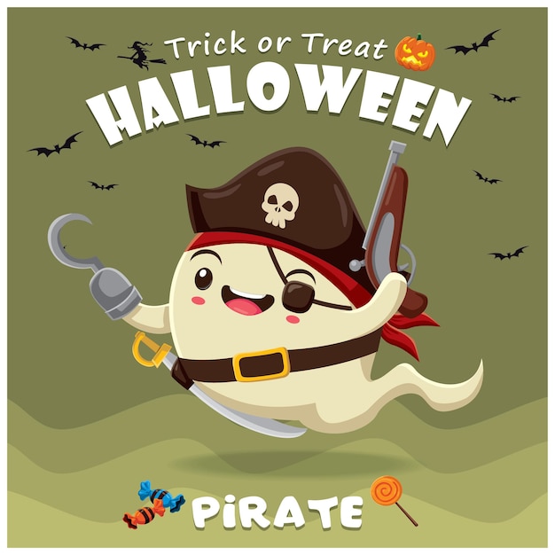Vintage Halloween-posterontwerp met het vectorkarakter van de spookpiraat.
